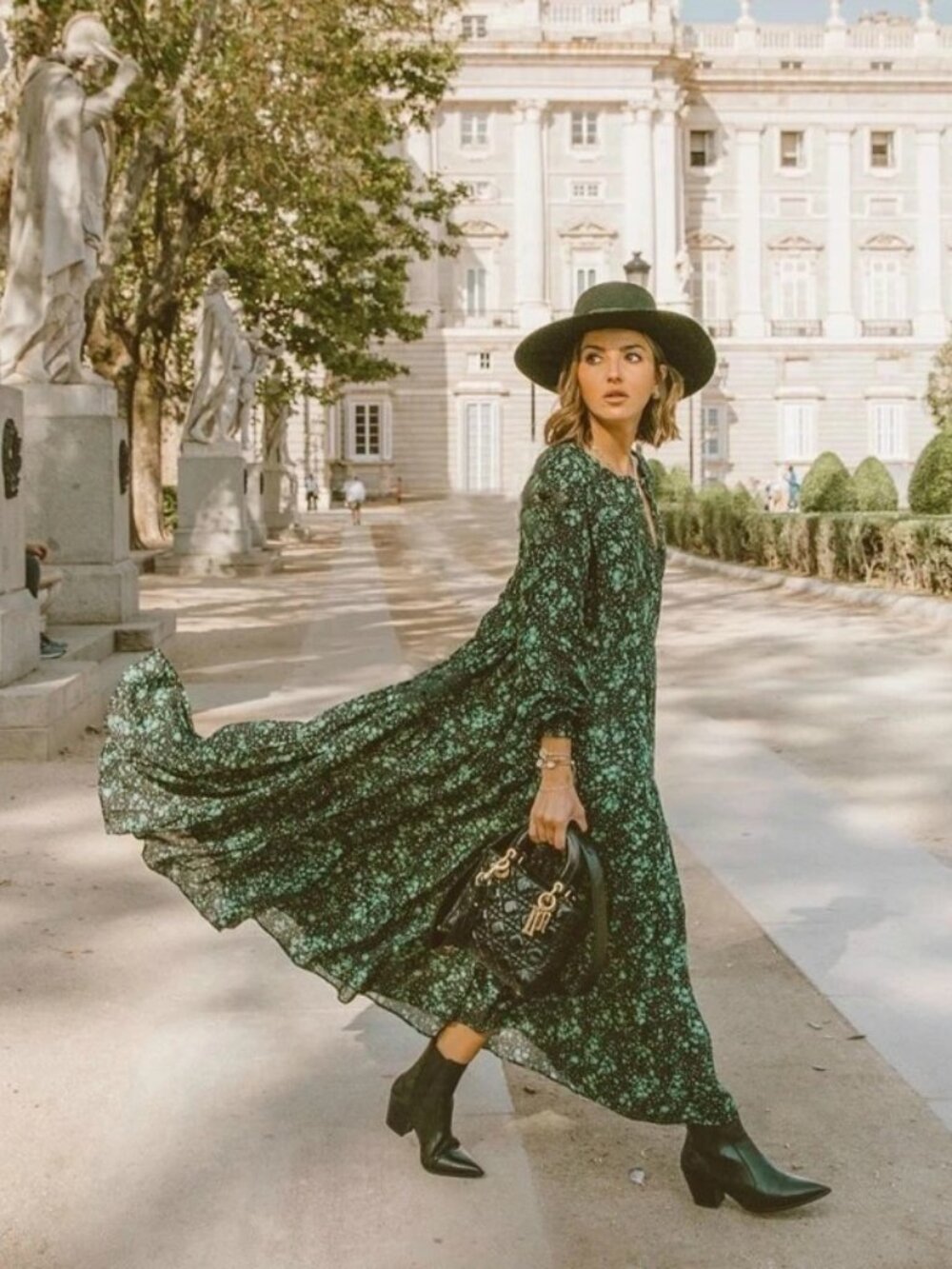 Zara The Angel Green Black Floral Tiered Midi Prairie Dress – size S